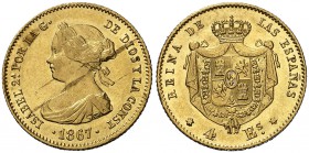 1867. Isabel II. Madrid. 4 escudos. (Cal. 111). 3,32 g. Hojita. EBC-/EBC.