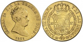 1835. Isabel II. Madrid. CR. 80 reales. (Cal. 68). 6,72 g. Escasa. MBC-/MBC.