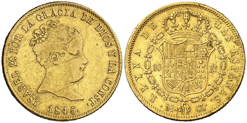 1845. Isabel II. Madrid. CL. 80 reales. (Cal. 78). 6,73 g. Rayitas y golpecito. ...