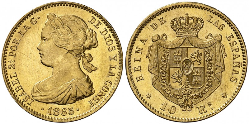 1865. Isabel II. Madrid. 10 escudos. (Cal. 43). 8,42 g. Bella. Parte de brillo o...