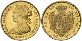 1865. Isabel II. Madrid. 10 escudos. (Cal. 43). 8,42 g. Bella. Parte de brillo original. Escasa así. S/C-.