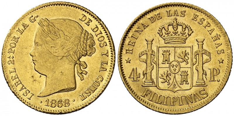 1868. Isabel II. Manila. 4 pesos. (Cal. 132). 6,72 g. Leves golpecitos. Parte de...