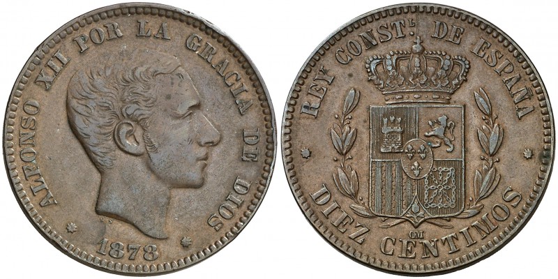 1878. Alfonso XII. Barcelona. . 10 céntimos. (Cal. 68). 10,16 g. Buen ejemplar. ...