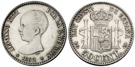 1892*92. Alfonso XIII. PGM. 50 céntimos. (Cal. 55). 2,53 g. Bella. EBC+.