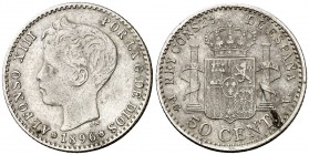 1896*96. Alfonso XIII. PGV. 50 céntimos. (Cal. 59). 2,52 g. Escasa. MBC.