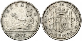 1869*1869. Gobierno Provisional. SNM. 1 peseta. (Cal. 15). 4,95 g. Leyenda: ESPAÑA. Rara. MBC-.