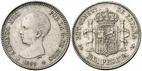 1891*-91. Alfonso XIII. PGM. 1 peseta. (Cal. 38). 5 g. Primera estrella anepígrafa. Escasa así. EBC-.