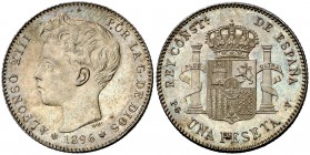 1896*1896. Alfonso XIII. PGV. 1 peseta. (Cal. 41). 5,04 g. Pátina irisada. Bella. S/C.