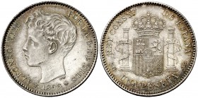 1899*1899. Alfonso XIII. SGV. 1 peseta. (Cal. 43). 4,96 g. Segunda estrella con acuñación defectuosa y el 99 parece un 66. Pátina. EBC-/EBC.