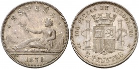 1870*1874. I República. DEM. 2 pesetas. (Cal. 10). 9,88 g. Atractiva. Escasa así. EBC-.