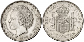 1894*1894. Alfonso XIII. PGV. 2 pesetas. (Cal. 33). 10,01 g. Golpecitos. Buen ejemplar. Escasa. MBC+/EBC-.