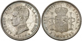1905*1905. Alfonso XIII. SMV. 2 pesetas. (Cal. 34). 10,05 g. Leves rayitas. Bella. EBC+.