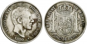1880. Alfonso XII. Manila. 50 centavos. (Cal. 78). 12,88 g. Rara. MBC-/MBC.