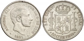 1881. Alfonso XII. Manila. 50 centavos. (Cal. 79). 12,79 g. Pátina. MBC.