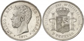 1871*1871. Amadeo I. SDM. 5 pesetas. (Cal. 5). 25 g. Leves marquitas. Escasa así. EBC.