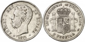 1871*1873. Amadeo I. DEM. 5 pesetas. (Cal. 9). 25,04 g. Rara. MBC.