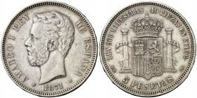 1871*1873. Amadeo I. DEM. 5 pesetas. (Cal. 9). 24,91 g. Leves rayitas. Bonita pátina. Escasa y más así. MBC+.