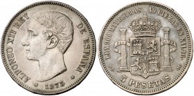 1875*1875. Alfonso XII. DEM. 5 pesetas. (Cal. 25a). 24,72 g. MBC+.