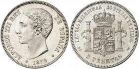 1876*1876. Alfonso XII. DEM. 5 pesetas. (Cal. 27). 25,01 g. Limpiada. EBC-/EBC.