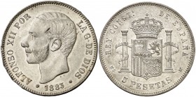 1883*1883. Alfonso XII. MSM. 5 pesetas. (Cal. 37). 24,82 g. Golpes en canto. (EBC-).