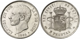 1884*1884. Alfonso XII. MSM/DEM. 5 pesetas. (Cal. 39 var). 24,92 g. Leves golpecitos. Bella. Parte de brillo original. Escasa y más así. EBC/EBC+.