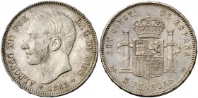 1885*1885. Alfonso XII. MSM. 5 pesetas. (Cal. 40). 25,06 g. Leves marquitas. Bonita pátina. Parte de brillo original. EBC.