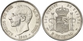 1885*1885. Alfonso XII. MSM. 5 pesetas. (Cal. 40). 25 g. Leves marquitas. Bella. Parte de brillo original. Rara así. EBC+.