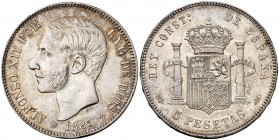 1885*1887. Alfonso XII. MSM. 5 pesetas. (Cal. 42). 24,93 g. Rayitas. Preciosa pátina. EBC-.