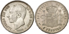 1885*-8--. Alfonso XII. MSM. 5 pesetas. (Cal. tipo 7). 25,17 g. Estrellas flojas. Pátina. EBC-/EBC.