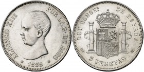 1888*1888. Alfonso XIII. MPM. 5 pesetas. (Cal. 13). 25 g. Limpiada. Bella. Escasa así. EBC+.
