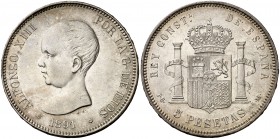 1891*1891. Alfonso XIII. PGM. 5 pesetas. (Cal. 17). 25,09 g. Golpecitos. Buen ejemplar. MBC+.