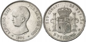 1891*1891. Alfonso XIII. PGM. 5 pesetas. (Cal. 17). 25,04 g. Limpiada. Bella. Escasa así. EBC+.