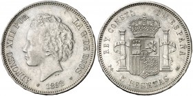 1892*1892. Alfonso XIII. PGM. 5 pesetas. (Cal. 19). 24,89 g. Tipo "bucles". Escasa así. EBC-.