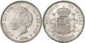 1893*1893. Alfonso XIII. PGL. 5 pesetas. (Cal. 21). 24,78 g. Defecto en canto reverso. Buen ejemplar. MBC+.