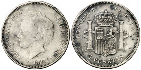 1893*---3. Alfonso XIII. PGV. 5 pesetas. (Cal. 22). 24,66 g. Escasa. BC+.