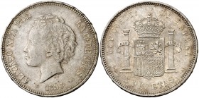 1894*1894. Alfonso XIII. PGV. 5 pesetas. (Cal. 23). 25 g. Golpecitos. Parte de brillo original. MBC+.