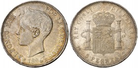 1896*1896. Alfonso XIII. PGV. 5 pesetas. (Cal. 25). 24,75 g. Leves rayitas. Parte de brillo original. EBC-.