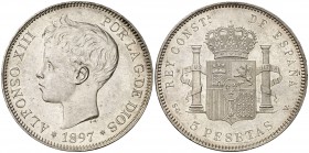 1897*1897. Alfonso XIII. SGV. 5 pesetas. (Cal. 26). 24,83 g. Golpecito. Bella. EBC+.