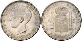 1898*1898. Alfonso XIII. SGV. 5 pesetas. (Cal. 27). 25,15 g. Leves marquitas. Bella. EBC+.