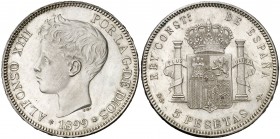 1899*1899. Alfonso XIII. SGV. 5 pesetas. (Cal. 28). 25,04 g. Golpecito. EBC.