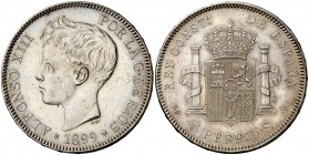 1899*1899. Alfonso XIII. SGV. 5 pesetas. (Cal. 28). 24,60 g. Leves marquitas. EBC.