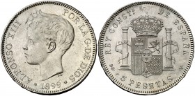 1899*1899. Alfonso XIII. SGV. 5 pesetas. (Cal. 28). 24,86 g. Leves golpecitos. EBC+.