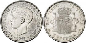 1899*1899. Alfonso XIII. SGV. 5 pesetas. (Cal. 28). 24,88 g. Leves golpecitos. EBC+.