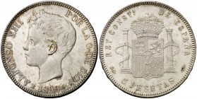 1899*1899. Alfonso XIII. SGV. 5 pesetas. (Cal. 28). 25,10 g. Golpecito. Bella. EBC+.