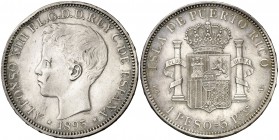 1895. Alfonso XIII. Puerto Rico. PGV. 1 peso. (Cal. 82). 25,12 g. Golpe en canto. Parte de brillo original. Rara. MBC/MBC+.