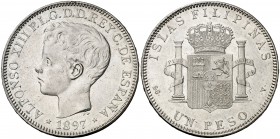1897. Alfonso XIII. Manila. SGV. 1 peso. (Cal. 81). 25 g. Leves marquitas. Limpiada. Buen ejemplar. EBC-.