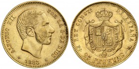 1883*1883. Alfonso XII. MSM. 25 pesetas. (Cal. 18). 8,05 g. Rayita. Bonito color. Rara. MBC+.
