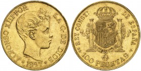 1897*1897. Alfonso XIII. SGV. 100 pesetas. (Cal. 1). 32,21 g. Leves golpecitos. Rara. EBC-.