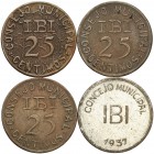Ibi (Alicante). 25 céntimos (tres) y 1 peseta. (Cal. 8). Serie completa de 4 monedas. Incluye los 25 céntimos con el mapa, y las 2 variantes de 25 cén...