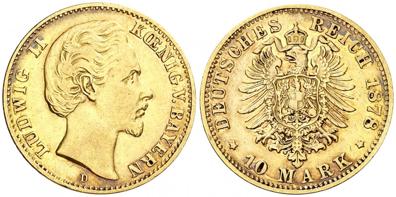 1878. Alemania. Baviera. Luis II. D (Múnich). 10 marcos. (Fr. 3766). 3,93 g. AU....